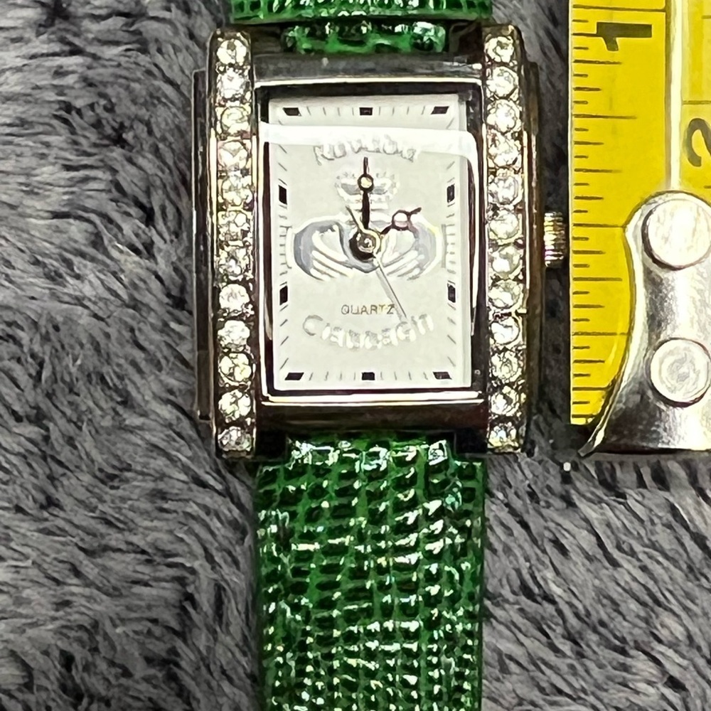 Vintage Rovada Claddagh Silver Tone Watch Rhinestone Crystals Green Leather Band